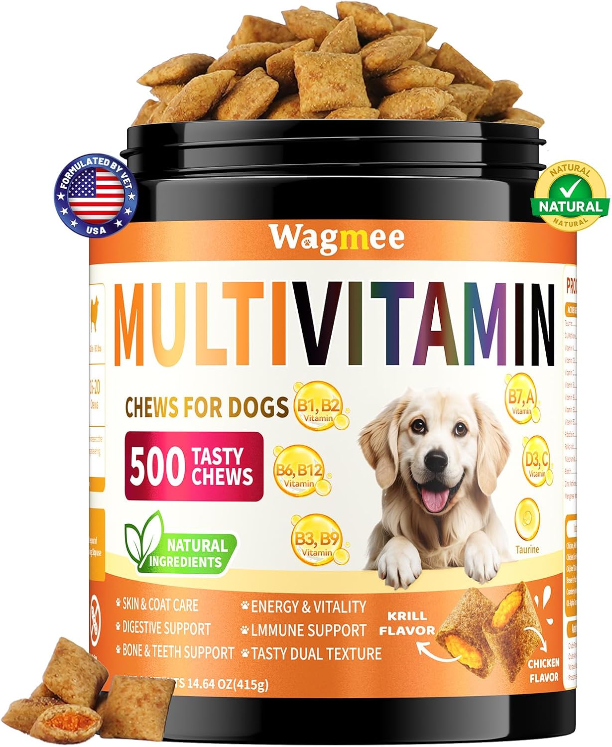 Dog Multivitamin, 500 Crunchy & Tasty Chew – Supports Daily Vitality, Skin & Coat Appearance with Taurine, Krill Oil Omega-3, B Complex Vitamins & Zinc – Daily Multivitamin for All Breeds & Ages