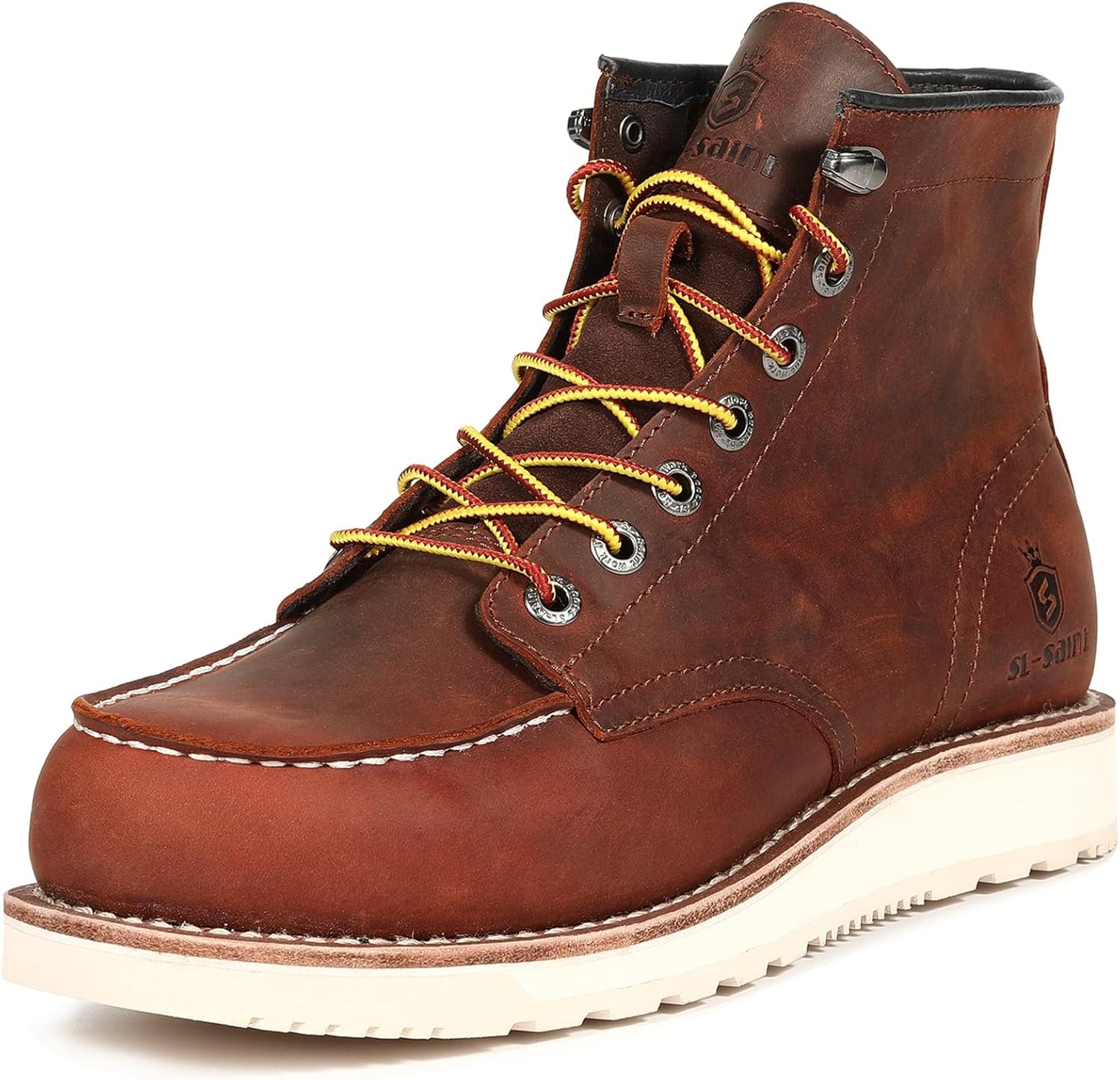 SL-Saint Men’s Work Boots Soft Moc Toe Classic Ankle Fashion Casual 6'' Wedge Industrial Construction Shoes Brown/Black