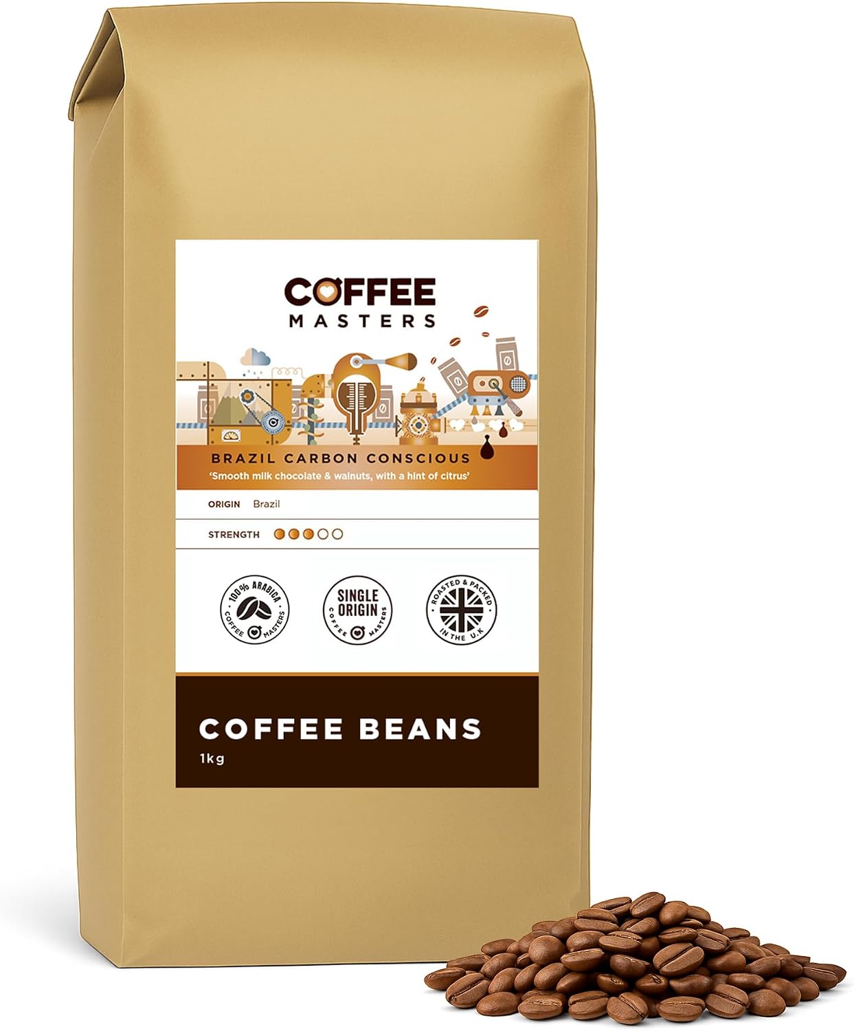 Coffee Masters Brazil Carbon Conscious Coffee Beans 1kg - Single Origin 100% Arabica for a Heavy Bodied Creamy Espresso - Medium Roasted Brazilian Bean Ideal for Barista Machines