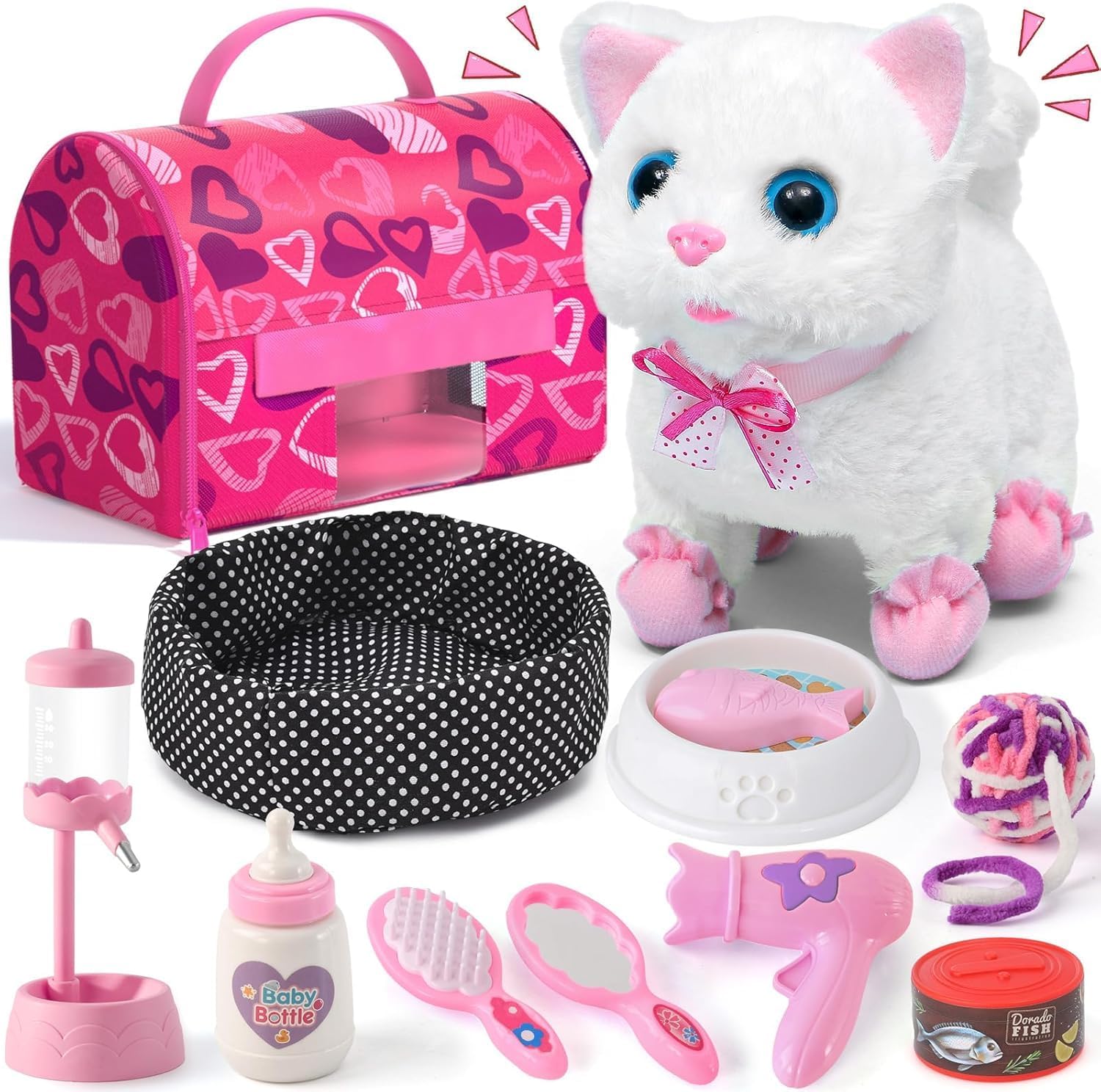 Tacobear Cat Toys for Kids Electronic Plush Kitten Cute Robot Cat Walking Meow Wagging Tail with Carrier Grooming Feeding Playset Interactive Toy Animal Birthday Gifts Toys for Girls Age 3 4 5 6 7 8