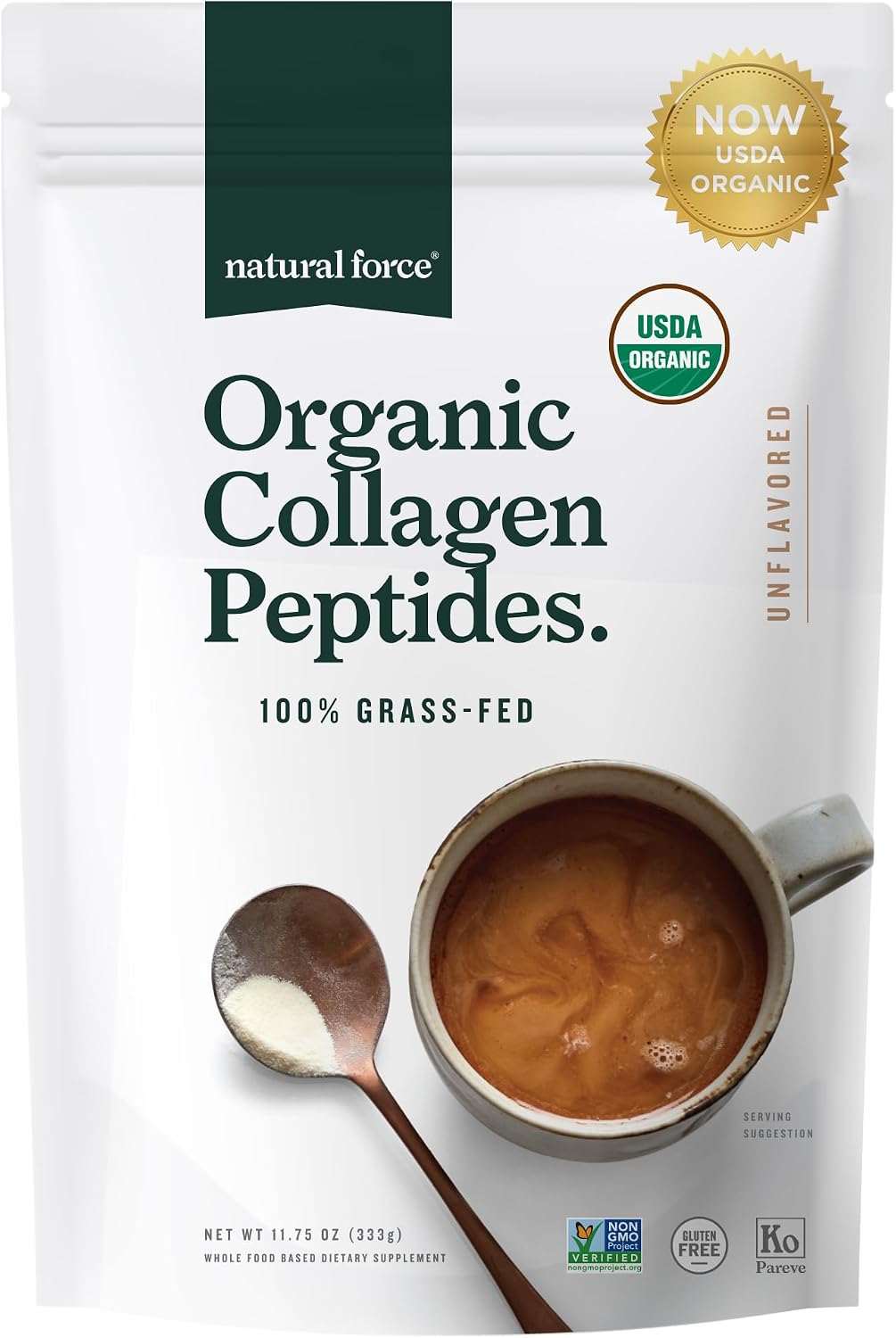 Natural Force Organic Clean Collagen Peptides Powder - USDA Certified Organic & Non-GMO, Keto & Paleo Certified - Hydrolyzed Type I & III Protein Powder with Essential Amino Acids – Unflavored, 10.7oz