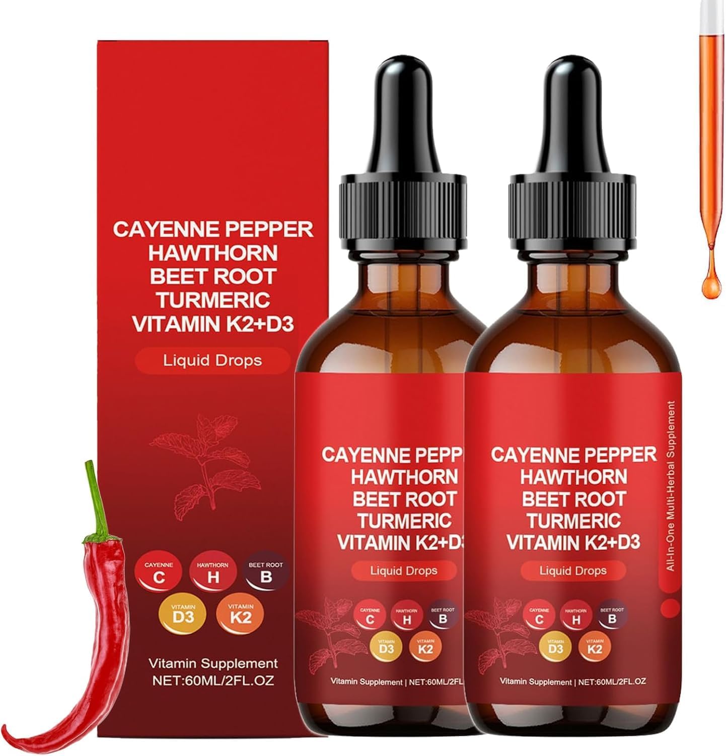2 Bottles Cayenne Pepper Drops,Natural Cayenne Pepper Liquid Drops for Men and Women