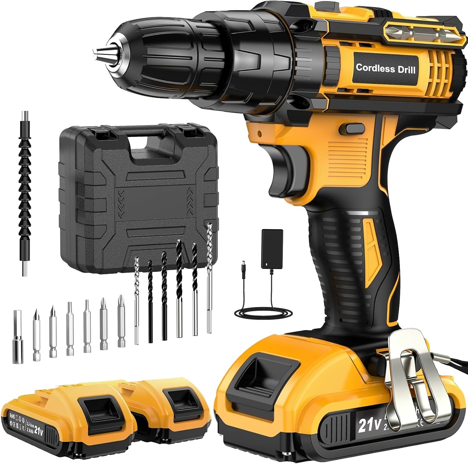 Cordless Drill Driver 21V, Hammer Drill with 2 Batteries 2000mAh, 25+3 Torque, 42N.m Max Electric Drill, 19PCS Drill Bits, 2 Speed, LED Light for Home and Garden DIY Project