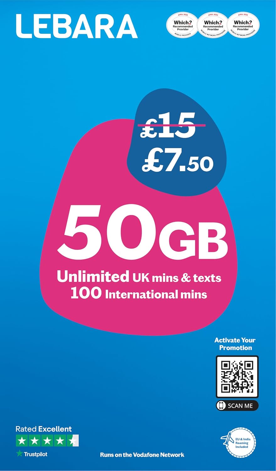 Lebara Mobile SIM Card: 50GB Data SIM Only Plan for £7.50, Half Price for First 3 Months, No Contract, UK Calls, Texts, International Minutes, EU and India Roaming Included, Fits All Devices