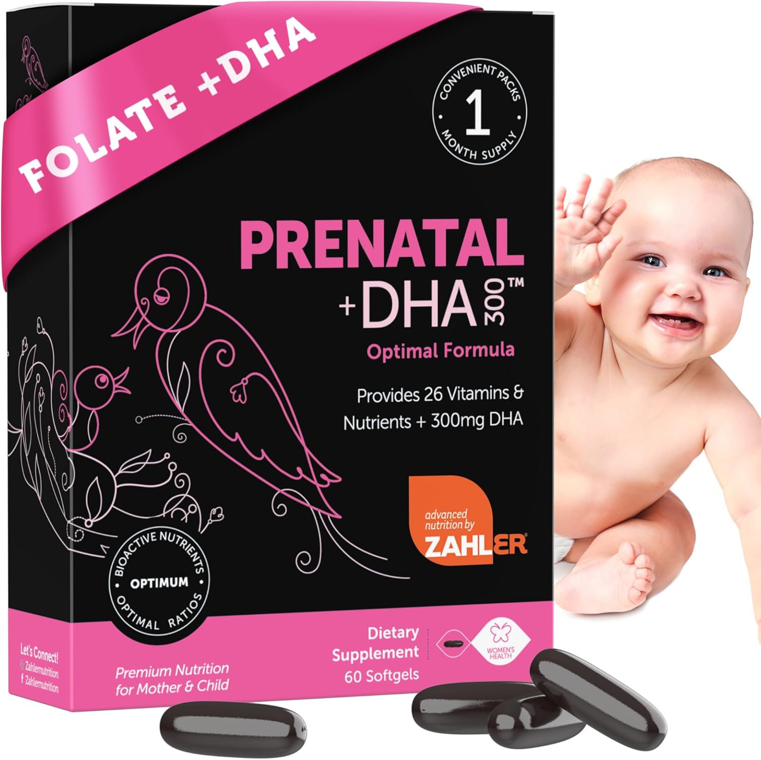 Zahler Prenatal Vitamin with DHA & Folate - DHA Supplements & Prenatal Multivitamin for Mother and Child - Kosher Prenatal DHA Prenatal Vitamins with Iron, Pre Natal Softgels 60 Count