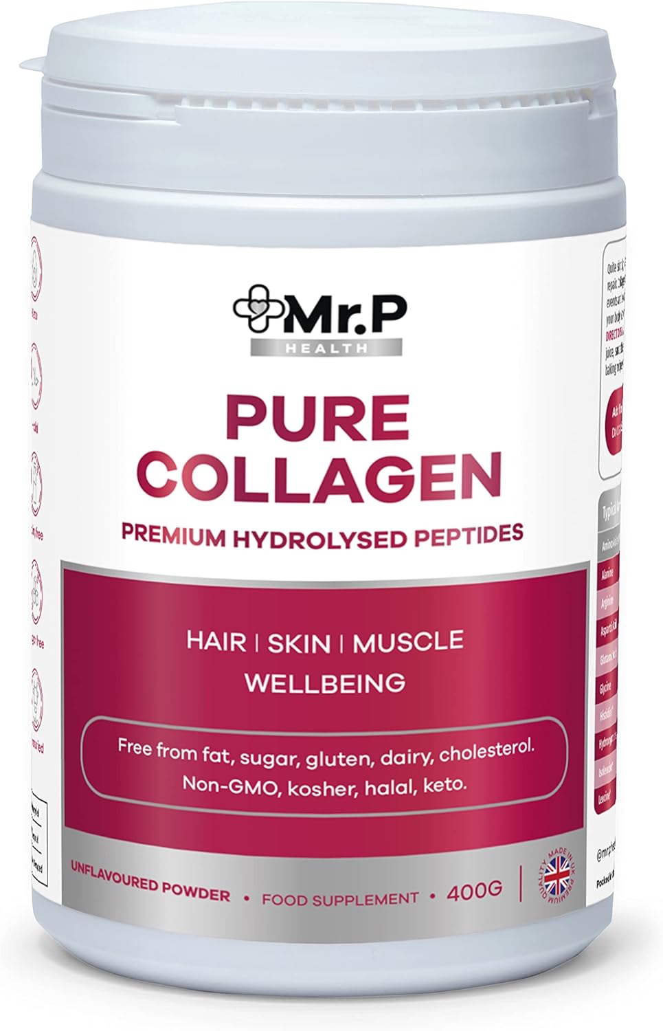 Mr.P Health Pure Collagen Peptides 400g Types I III Food Supplement Unflavoured Powder Ideal for Skin Hair Nails Joints Muscles Gluten Free Halal Kosher Keto Paleo 30 Day Supply.