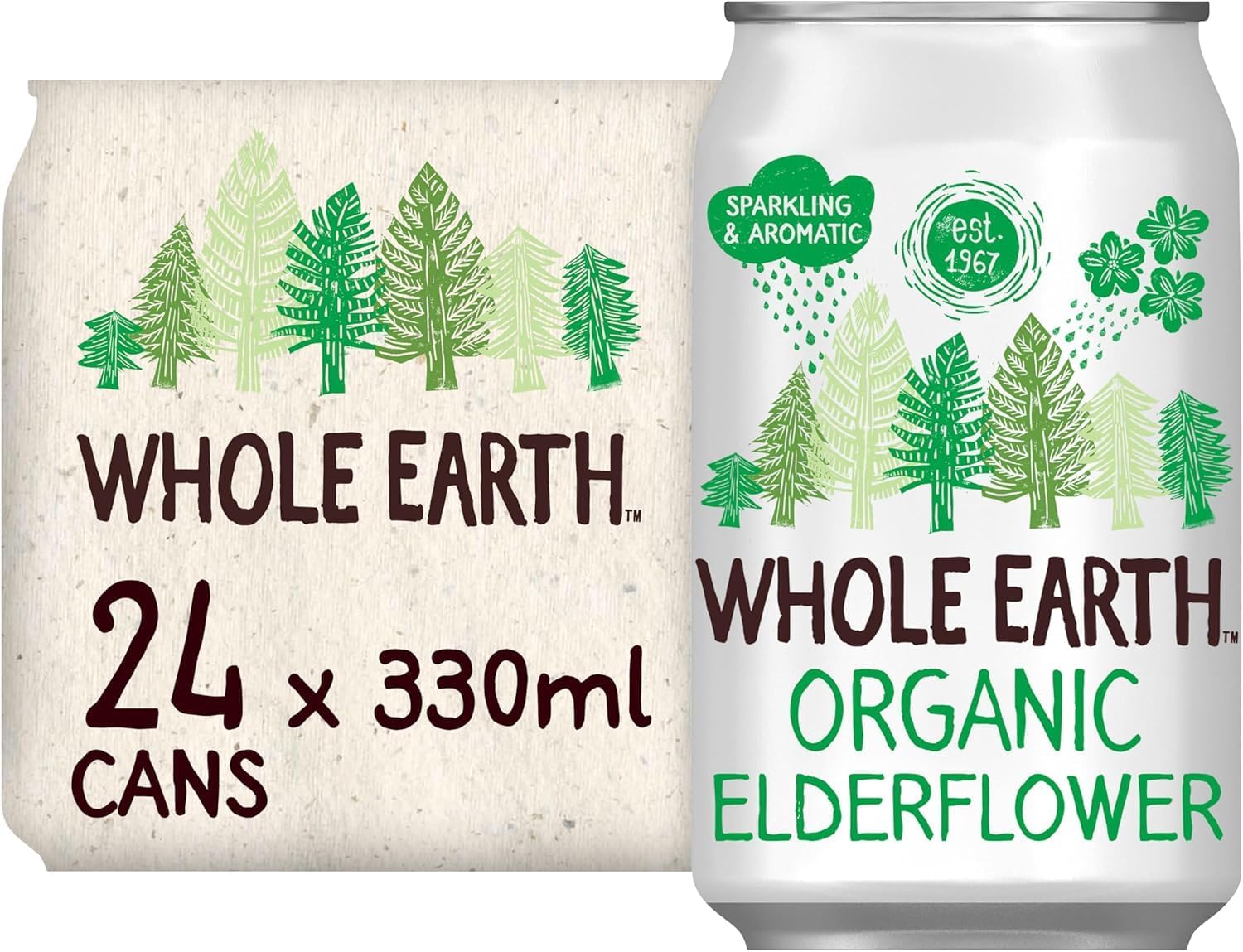Whole Earth Organic Sparkling Elderflower Soft Drink, 24x 330 ml, Lightly Fizzy with Natural Ingredients and Fruit Extract, No Added Refined Sugar,Vegetarian and Vegan, Multi Pack