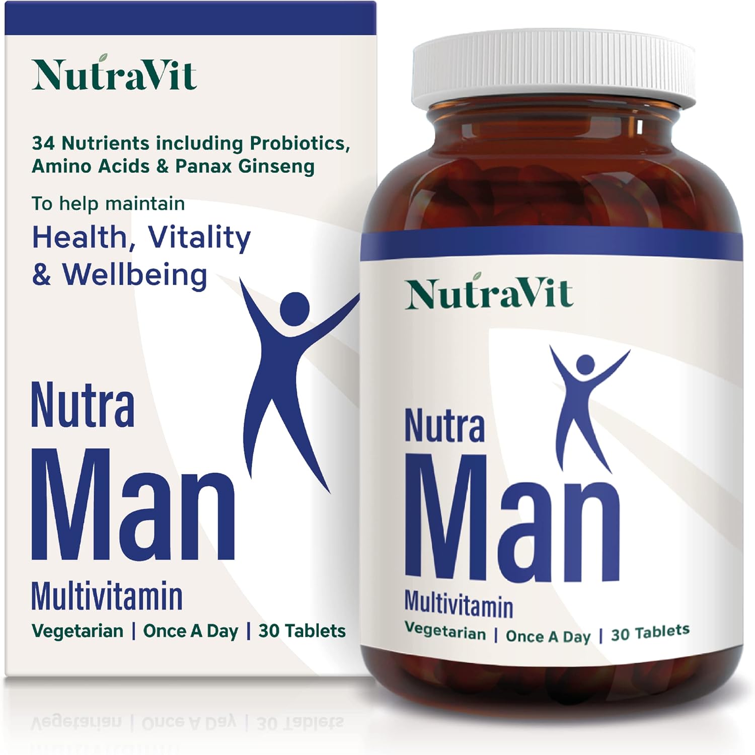 NUTRAMAN - Mens Multivitamin | Vitamins for Men - 30 Tablets - 34 Vitamins & Minerals - Daily Vitamins for Energy & Health - with Probiotics, Panax Ginseng, Amino Acids & Methyl B12 - NutraVit