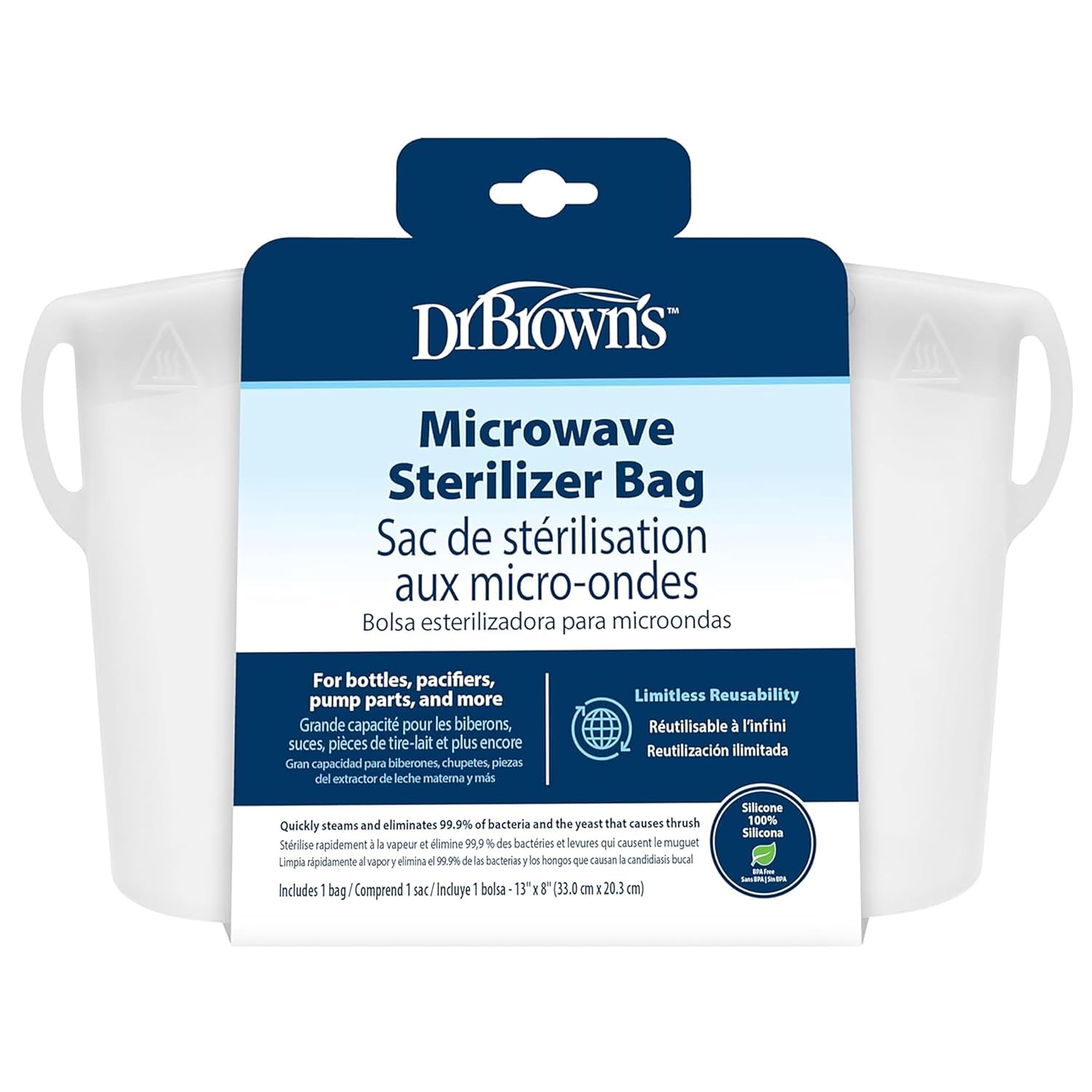 Dr. Brown's Microwave Steam Sterilizer Bag for Baby Bottles, Breast Pump Parts & Other Toddler Accessories, 100% Silicone, Reusable Sterilizing Bag