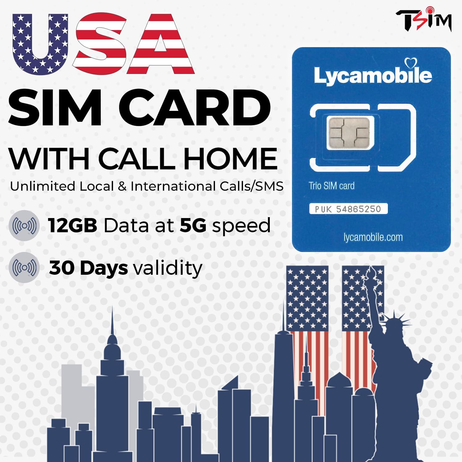 USA SIM Card for travel to the US. Unlimited Local and International calls/texts. Call home for free! Updated 5G Plan with Hotspot/Tethering! 12GB x 1 month