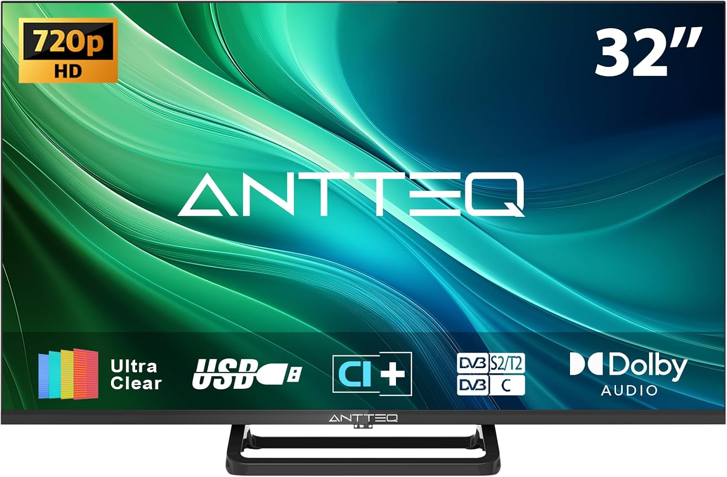 Antteq 32 Inch TV, Central Stand Design TV 720P Freeview HD Dolby Audio DVB T2/S2 LED Television, HDMI USB Media Player Monitor PS5 Xbox, Standard Nonsmart TV Small Screen for Bedroom Kitchen Black