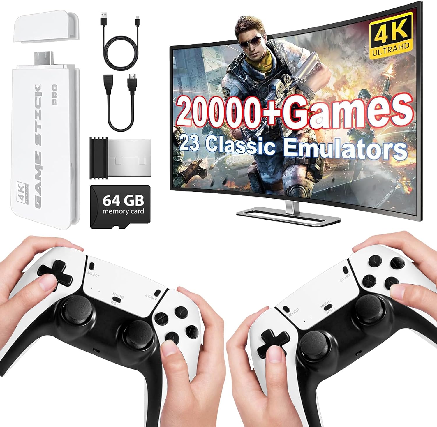 Wireless Retro Game Console, Retro Game Stick 4k HDMI Output Built-in 20,000+ Games 23 Emulators, Plug & Play Retro Game Stick for TV, Dual 2.4G Wireless Controller