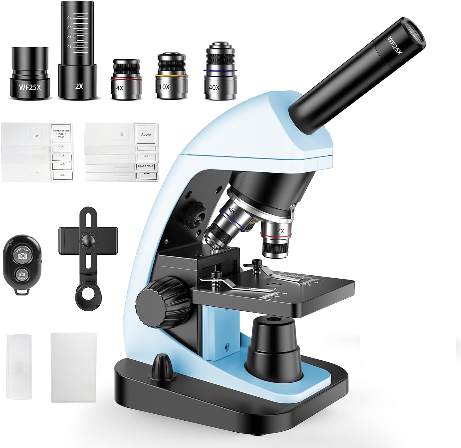 Monocular Biological Compound Microscope, 2000X High Magnification, Universal for Adults, Students & Kids, Professional Lab Teaching Instrument with Phone Adapter,Complete Slides Set，Blue