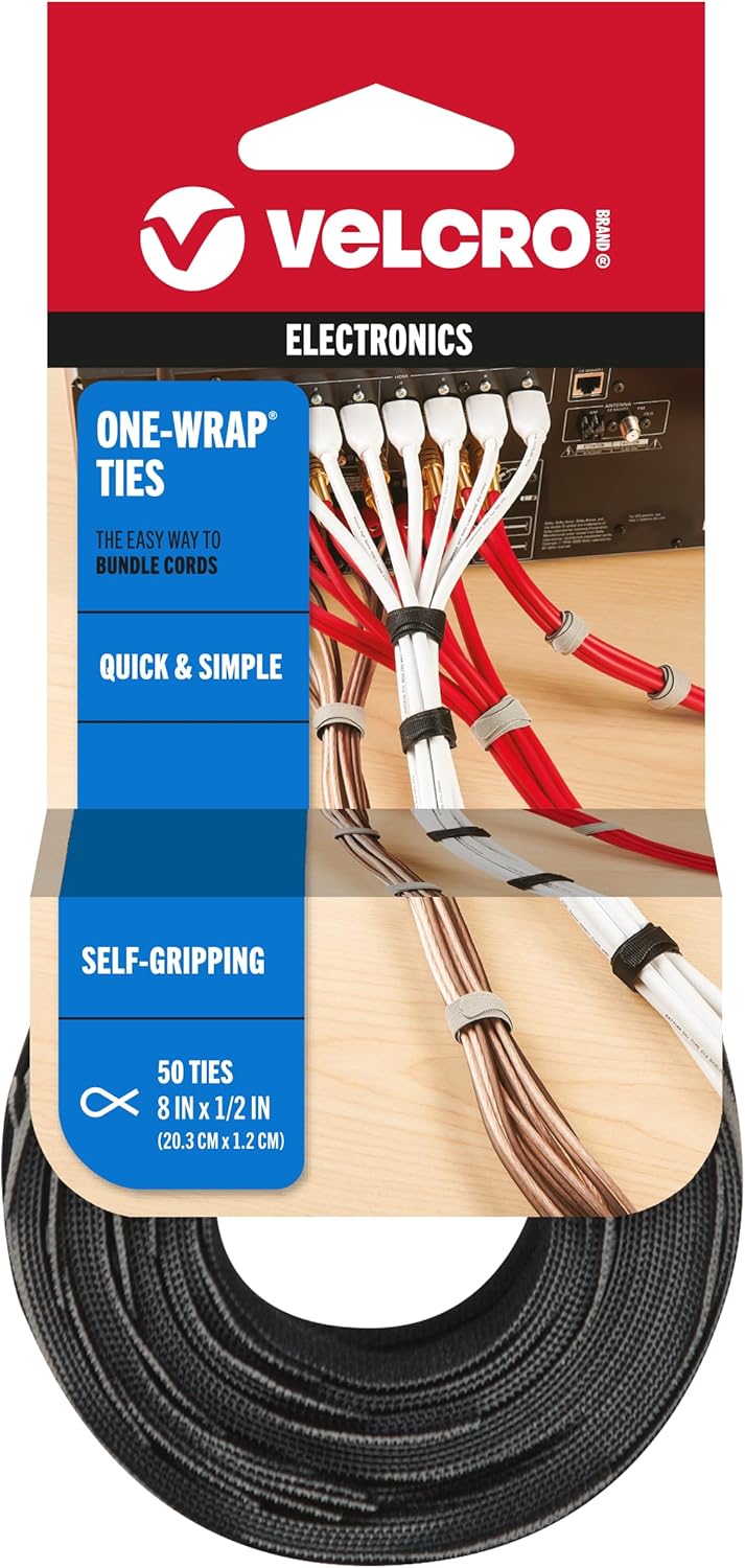 VELCRO Brand ONE WRAP Thin Ties | Strong & Reusable | Perfect for Fastening Wires & Organizing Cords | Black & Gray, 8 x 1/2-Inch | 25 Black + 25 Gray Ties