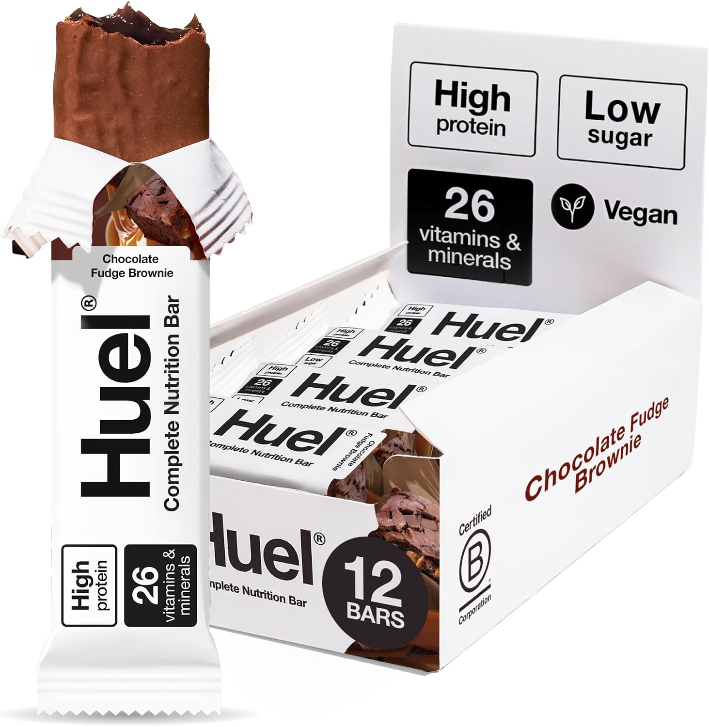 Huel Complete Nutrition Bar, 12 x 51g Bars, Chocolate Fudge Brownie, High Protein Bar, Plant-Based Protein Bars, Low Sugar, High Fibre, High-Protein Snack with Vegan Chocolate, Under 200 Calories