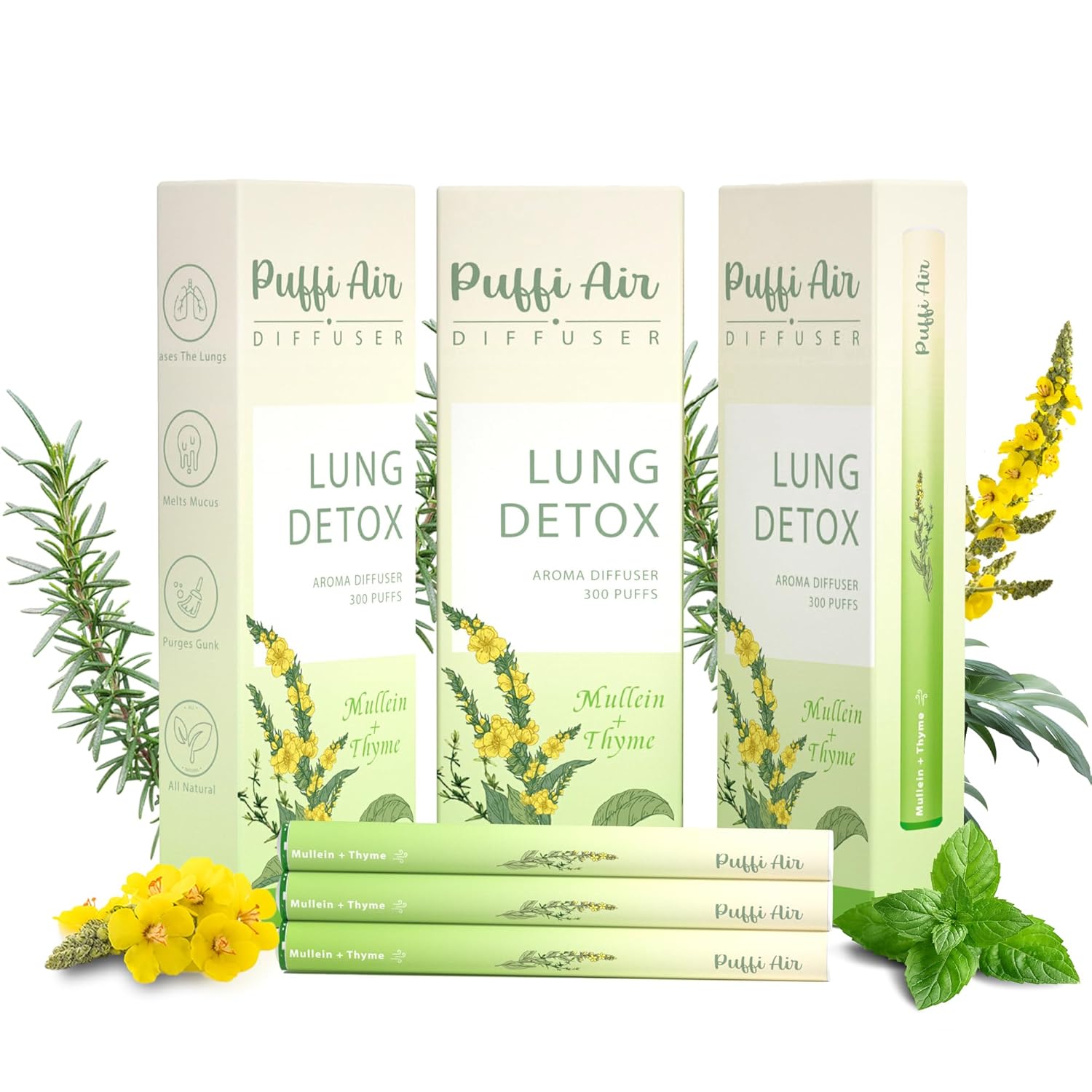 Herbal Diffuser Infused with Mullein, Thyme, and Mint for Breathing Support, Lung Care, Fresh Oral Air, and Habit Management - 300 Uses, 3 Packs
