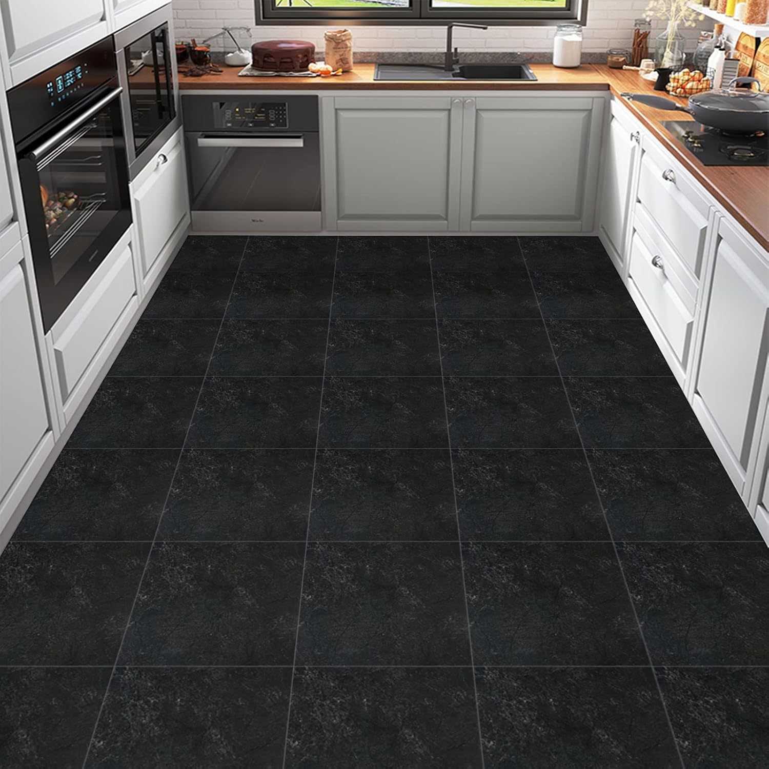 Self Adhesive Floor Tile Peel and Stick Floor Tiles Vinyl Flooring Black Grey Marble for Bathroom Kitchen Living Room 30x30cm 10pcs