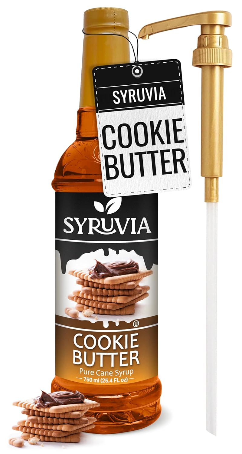 Syruvia Cookie Butter Coffee Syrup - 25.4 fl oz. Premium Coffee Flavoring Syrup. Kosher, and Gluten-Free. Ideal for Enhancing Drinks, Sodas, Shakes, Desserts, and More with Pump.