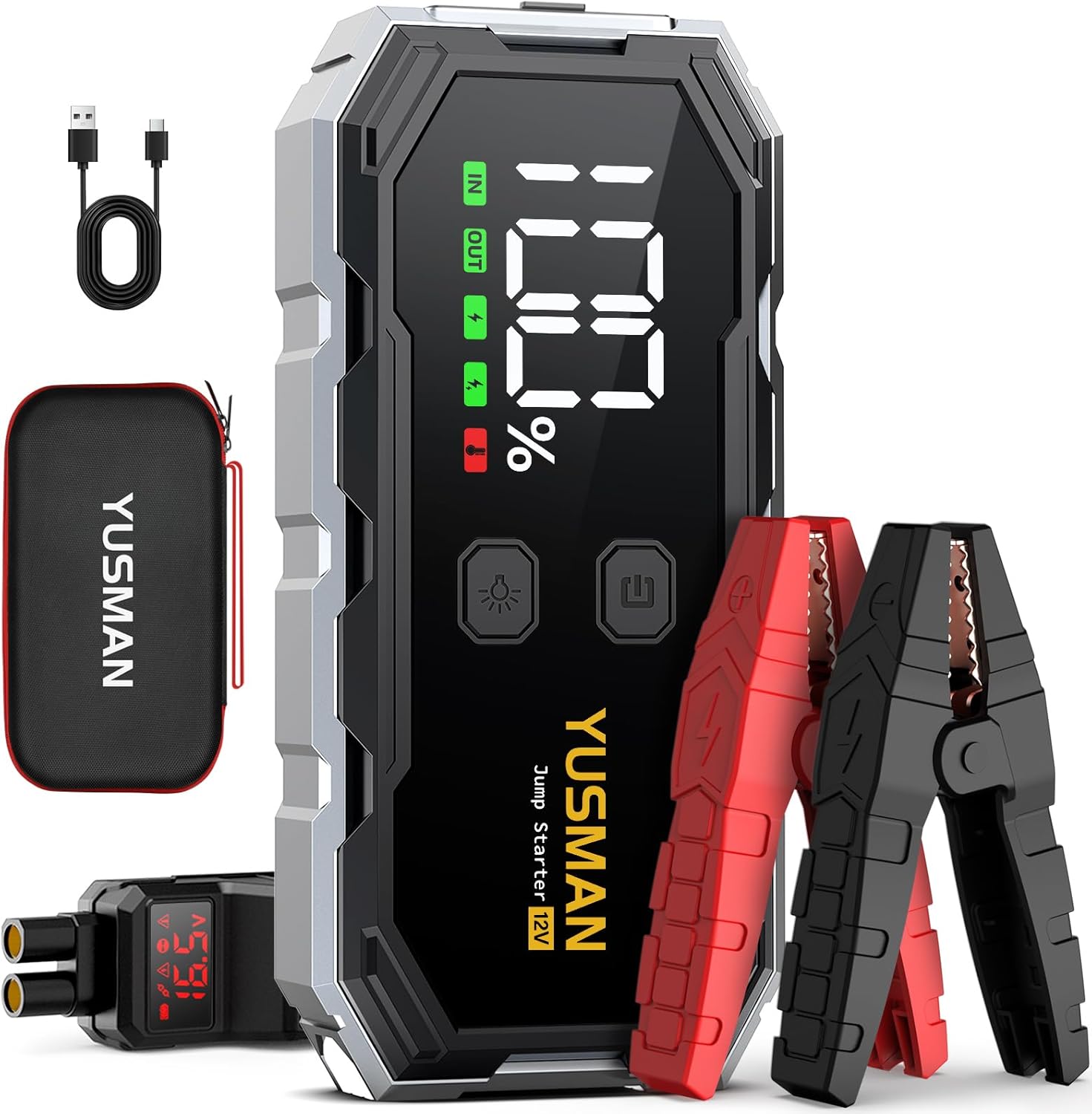 Jump Starter Power Pack, 6000A 12V Battery Pack (All Gas/10.0L Diesel), Safe Jump Box with Display, Car Jump Starter with Extended Smart Jump Cables, Quick Charge 3.0, LED Light