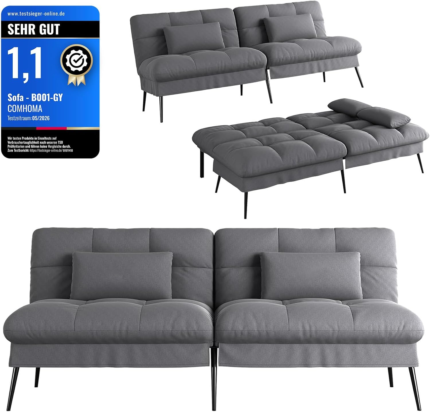 COMHOMA Fabric Sofa Bed 3 Seater Upgraded Frame 5-Gear Back Angle Adjustable Futon Sofa for Living Room, Guest Room (Fabric, Grey)