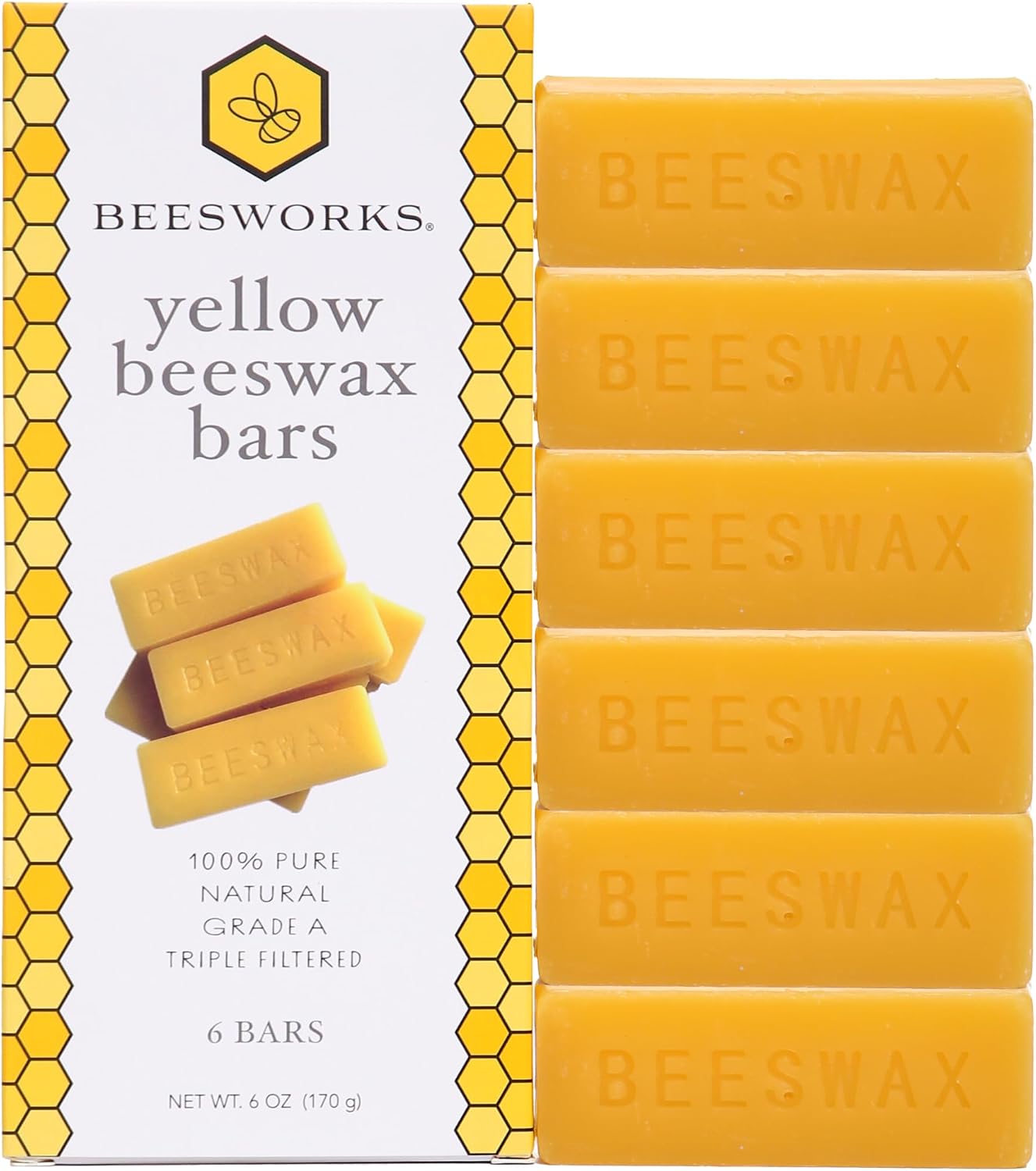 Beesworks Yellow Beeswax Bars (6 oz) | 100% Pure, Cosmetic Grade, Triple-Filtered Beeswax for DIY Skin Care, Lip Balm, Lotion and Candle Making (1 oz Bars - Pack of 6)