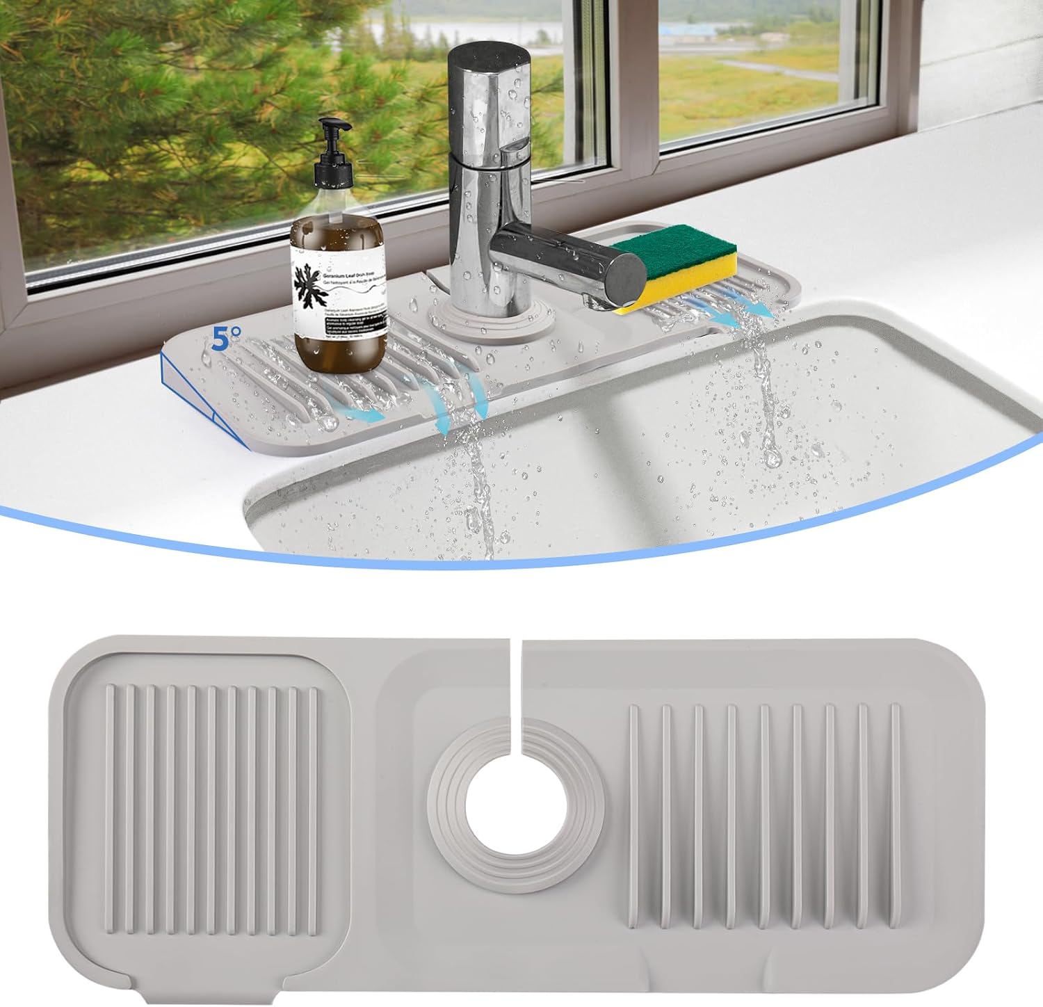 5° Slope Kitchen Silicone Sink Faucet Splash Guard Drain Pad Mat, Kitchen Sink Organizer Gadgets Utensils Decor RV Accessories Protectors, Silicone Draining Mat Sponge Holder for Kitchen Sink Counter