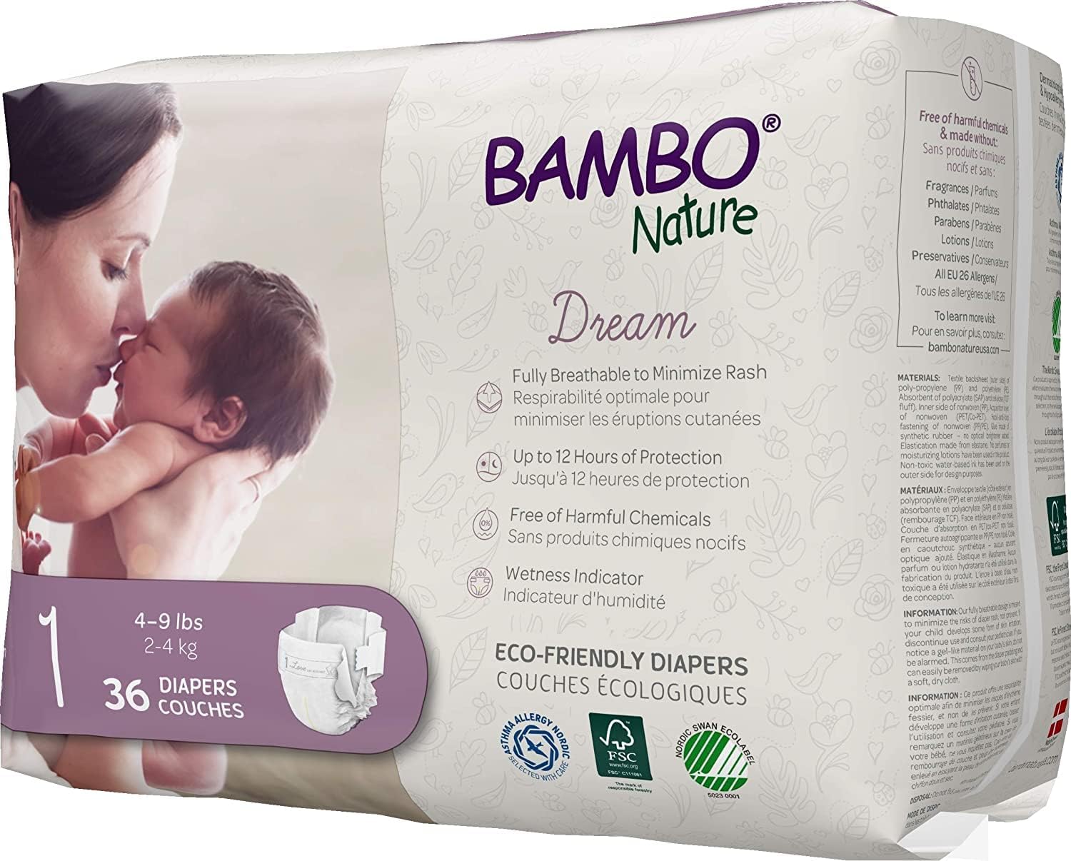 Bambo Nature Premium Baby Diapers - French/English Packaging, Size 1, 36 Count