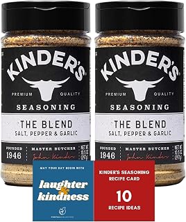 Kinders The Blend Seasonings Bundle - Two XL 10.5-ounce Bottles + 10 Recipe Ideas + Fridge Decal, Great for Grilling Meats & More (Garlic Salt, Pepper, No MSG) from FOXTAIL COLLECTIVE. Gluten-Free & Non-GMO