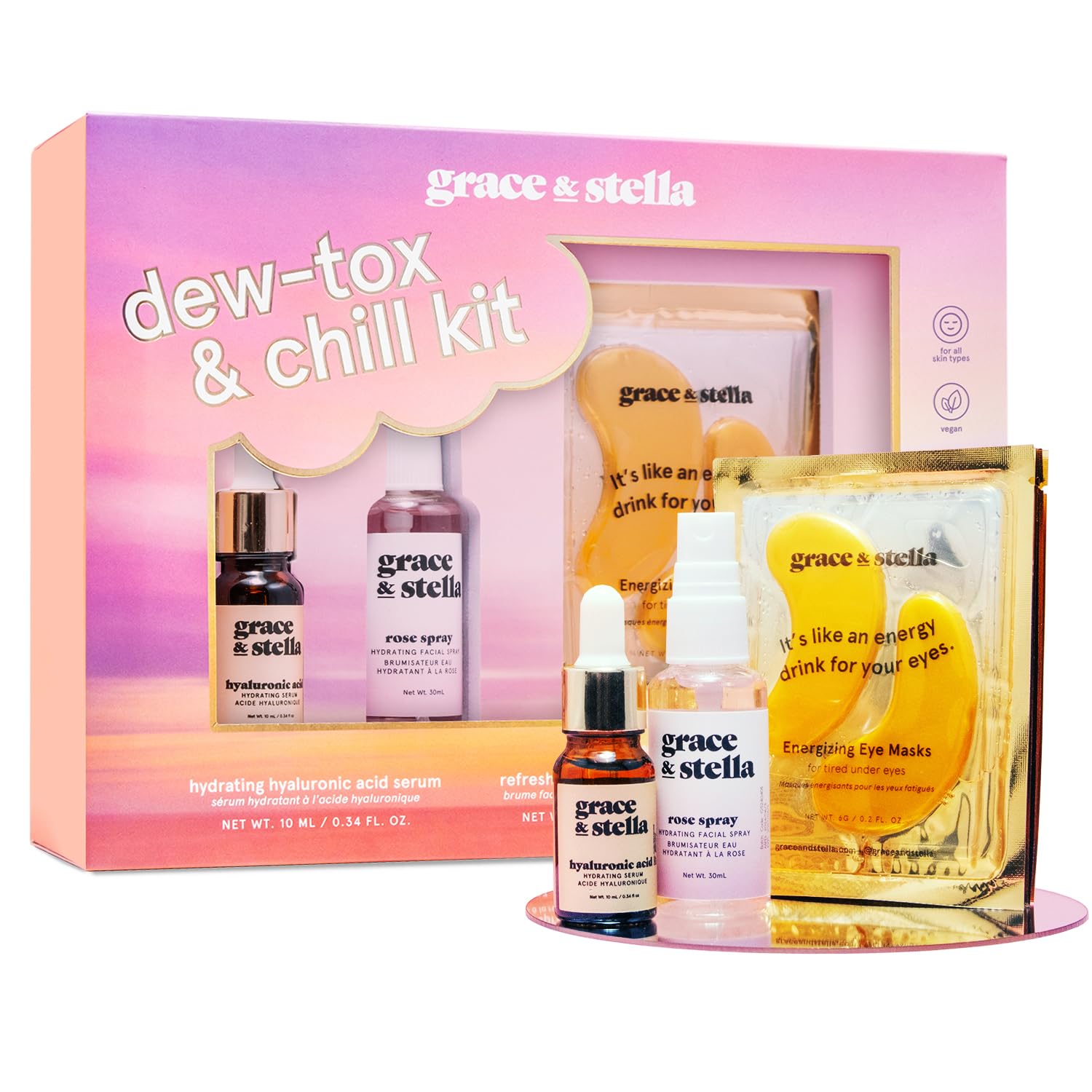 grace & stella Award-Winning Skin Care Set - Birthday Gifts for Women - Travel Essentials with Gold Eye Masks, Hyaluronic Acid Serum & Rose Spray - Bachelorette Party Favors, Teen Girl Gifts - Vegan