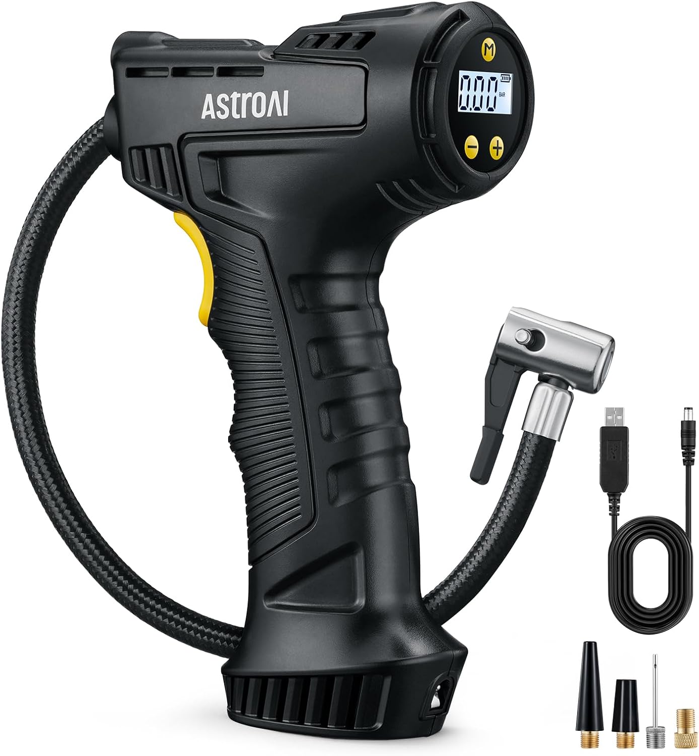 AstroAI Car Tyre Inflator Air Compressor, USB Rechargeable Battery Cordless Tyre Inflator, 150PSI Portable Handheld Tyre Pump Digital with LED Light and 4 Adaptors for Car, Motorcycle Bike, Ball
