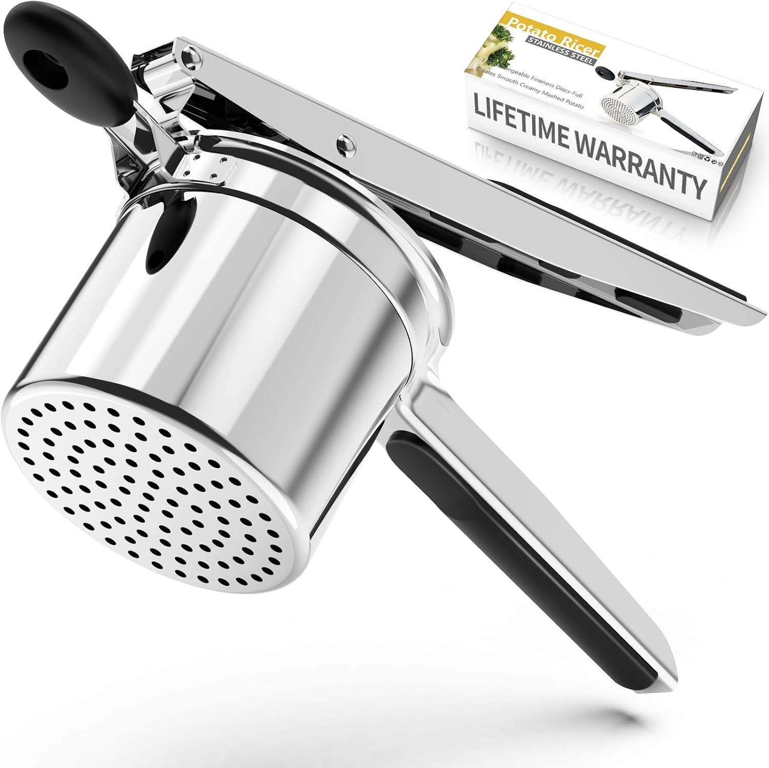 SPEENSUN Potato Ricer,Potato mashers,Large 15oz Heavy Duty Potato Ricer Stainless Steel for Fluffy Mashed Potatoes,Fixed Ricer Disc Potato Press Without Messy,with Silicone Handle（Black