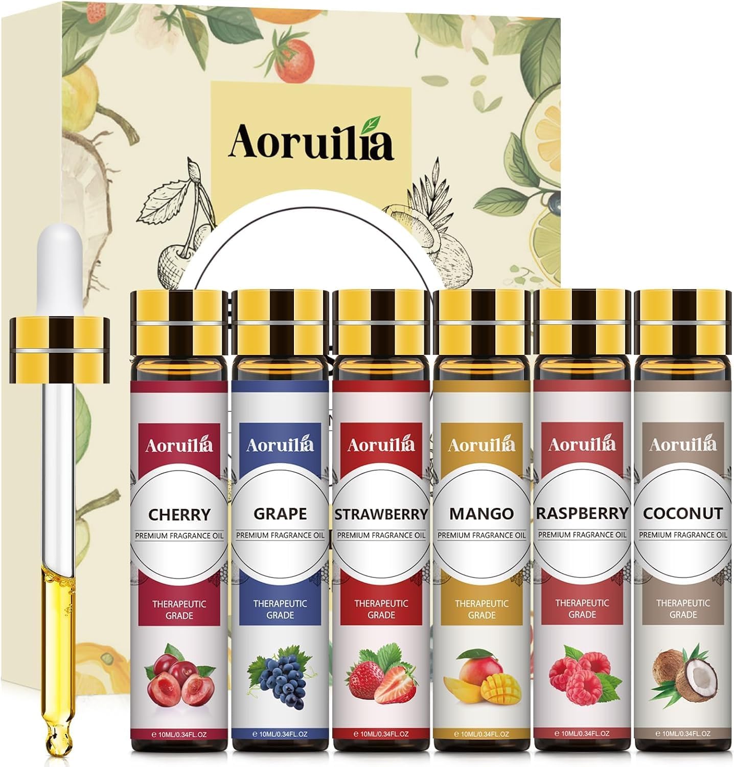 6 x 10ml Fruity Essential Oils Set for Aromatherapy, Diffuser, Home Fragrance, Relaxing, Candle Making - Strawberry, Coconut, Raspberry, Grape, Mango, Cherry