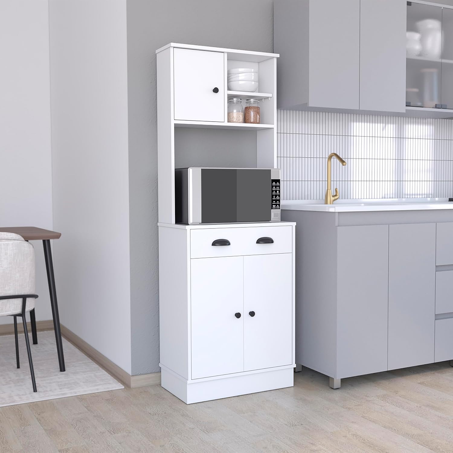 Kitchen Pantry with 3-Door Cabinet and Drawer, Spacious Storage Solution for Appliances and Staples, Modern Design, Multicolor