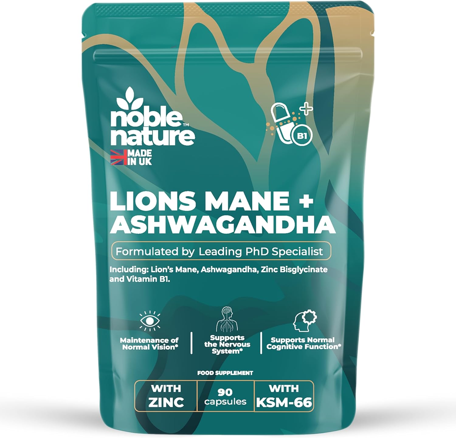 Noble Nature 267mg Lions Mane + 250mg Ashwagandha KSM 66 4-in-1 Formula – with 10mg Zinc Bisglycinate and 1mg Vitamin B1 Capsule Supplement – Adaptogens for Calm Brain, Stress, Mood, & Health (90)