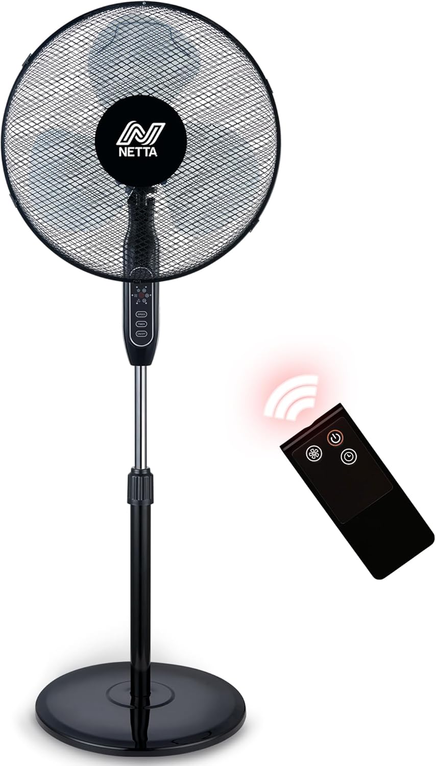 NETTA Pedestal Standing Floor Fan – 16 Inch, 3 Speed Settings, with 7-Hour Timer, Remote Control, Oscillating Function and Adjustable in Height – 40W – Black