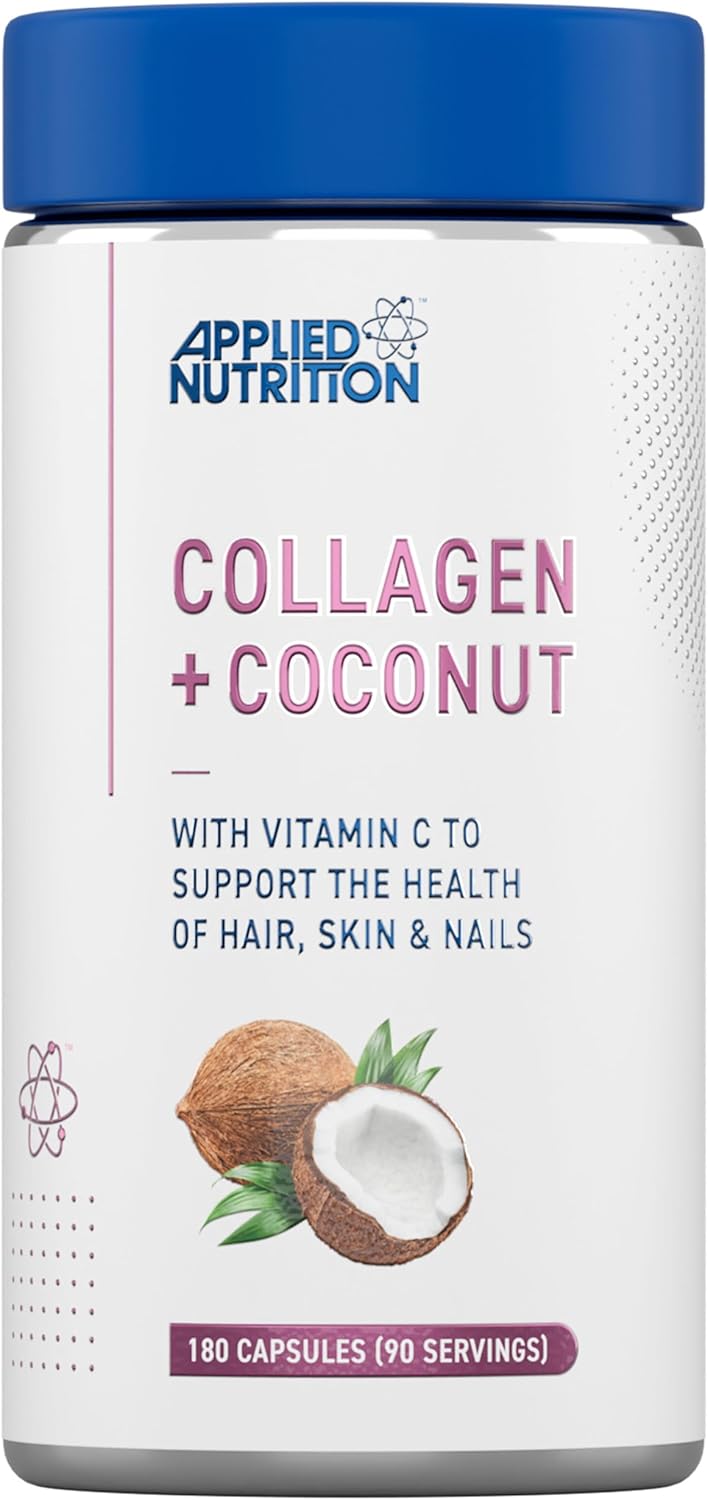 Applied Nutrition Collagen + Coconut Capsules – Marine Collagen with Vitamin C & Coconut Oil – Hair,Skin & Nails Support – Joint & Connective Tissue Health –Halal Certified –180 Capsules (90 Servings)