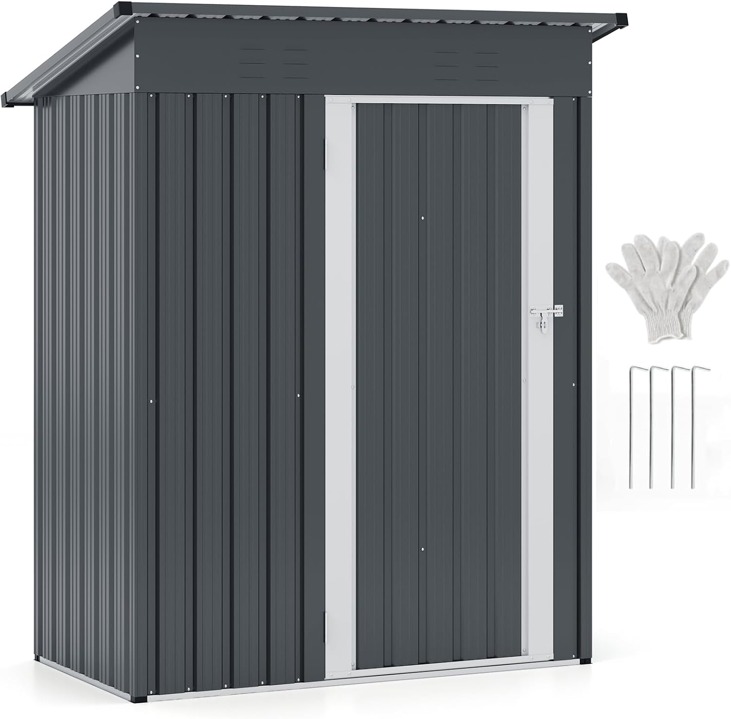 TANGZON 5 x 3FT Metal Garden Shed, Galvanized Steel Outdoor Tool Storage House with Top Sloping Design, Opening Door, Air Vents, Tool Utility Gardening Shed Box (153x91x181cm, Grey+White)