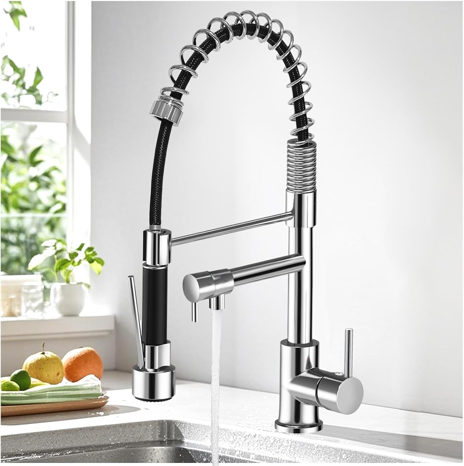Discoball Kitchen Sink Mixer Tap 360 Degree Rotation Single Hole with Pull Out Spray Kitchen Sink Taps, Brushed Double Spring Steel
