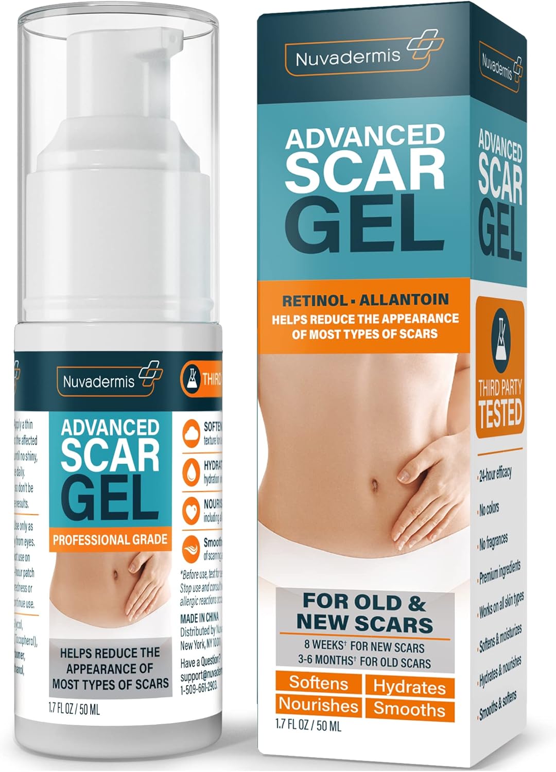 NUVADERMIS Scar Gel - Retinol, Allantoin, Vitamin E, Betaine - For C-Section, Tummy Tuck, Keloid Scars - Post Surgery Scar Management - 1.7 oz Pump Bottle