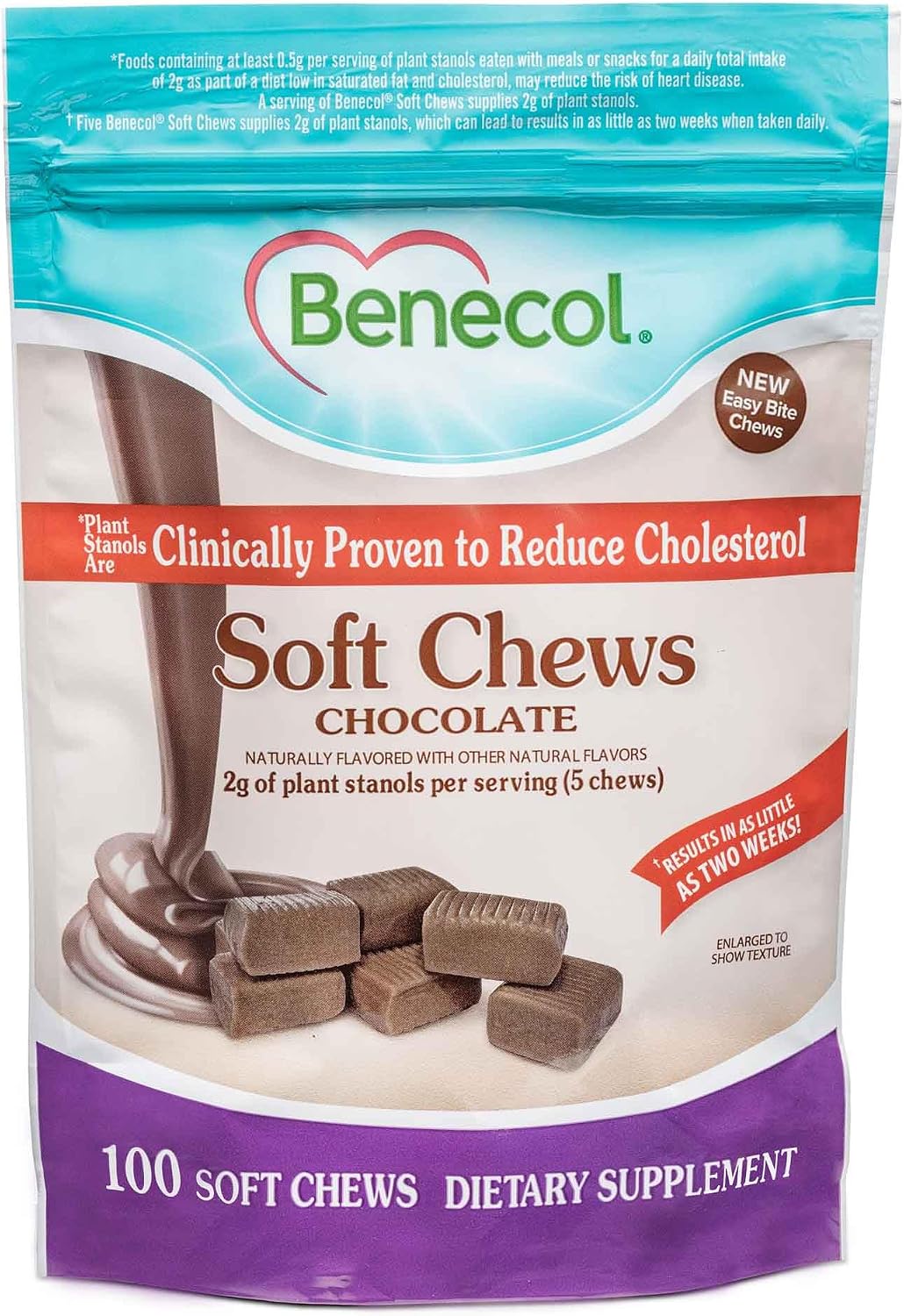 Benecol® Soft Chews – New Easy Bite Chew – with Plant Stanols Clinically Proven to Help Lower Cholesterol – Chocolate Flavor – 100 Count Pouch