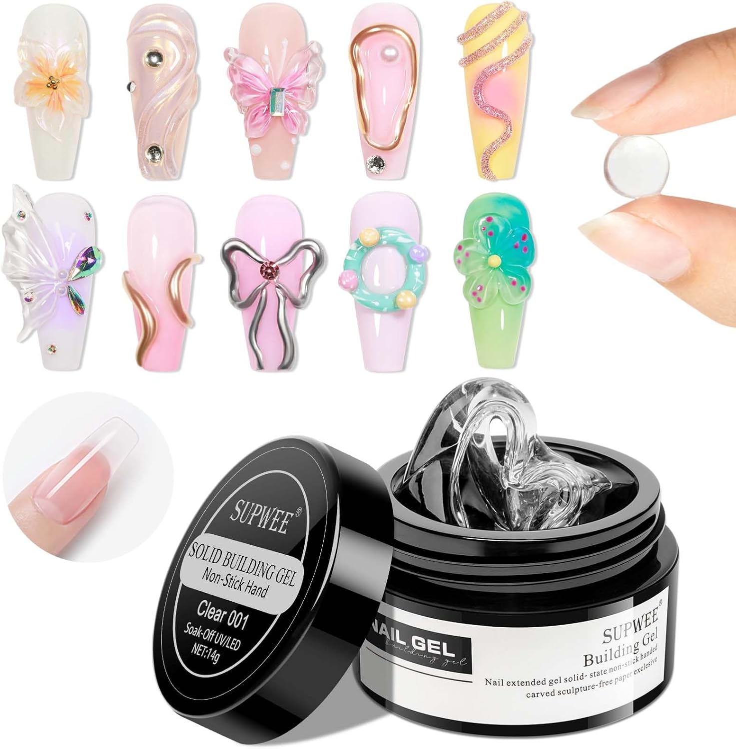 Supwee Solid Sculpture Builder Gel, Clear Non-Stick Hand Nail Extension Gel for Carving Patterns Decoration Nail Strengthen Hard Soak Off UV Nail Art Salon 14g(0.49fl oz)