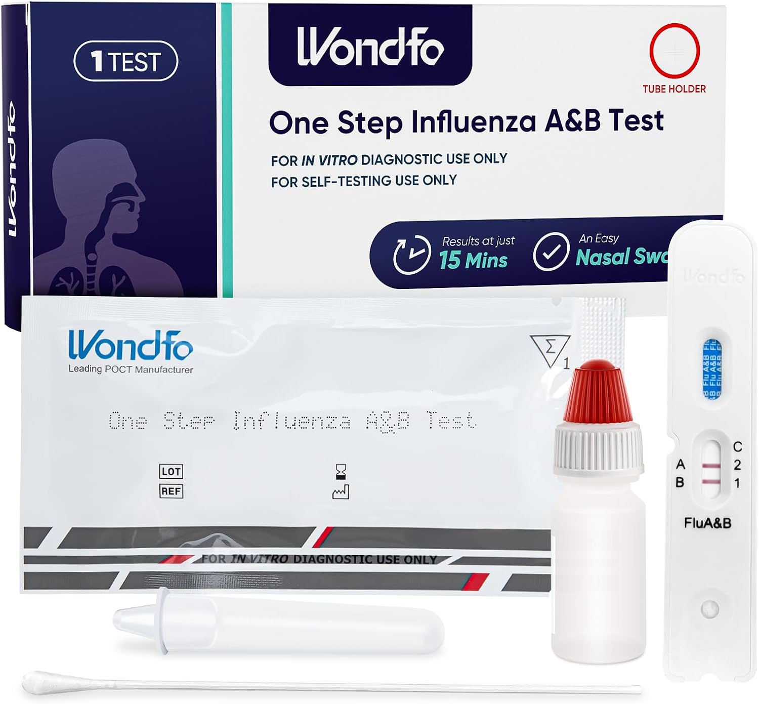 Wondfo Influenza Test Kit Influenza A B Rapid Flu Test Kit Self-Testing at Home 1 Pack