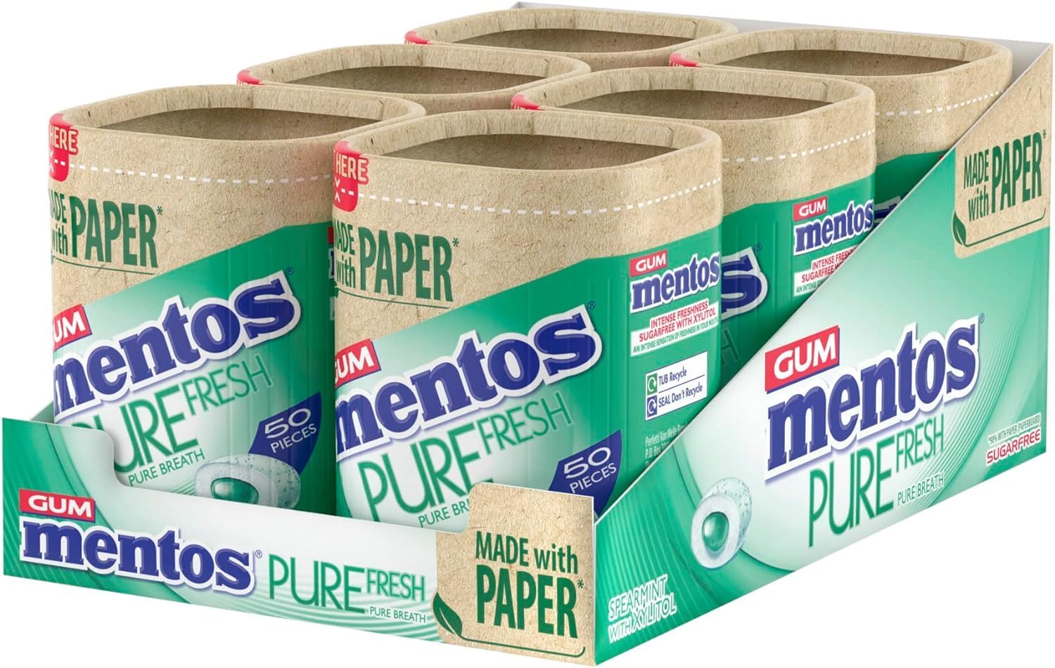 Mentos Pure Fresh Spearmint Flavour, Sugar Free Chewing Gum With Xylitol, Suitable for Vegetarians - 6 x 50 Pieces