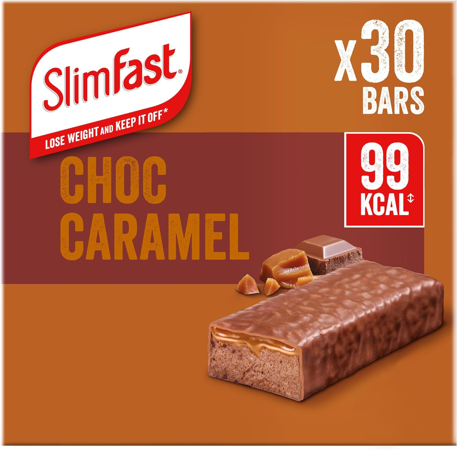 SlimFast Snack Bar, Low Calorie Snack, Choc Caramel Flavour, 30 X 26 G Multipack (Packing May Vary)