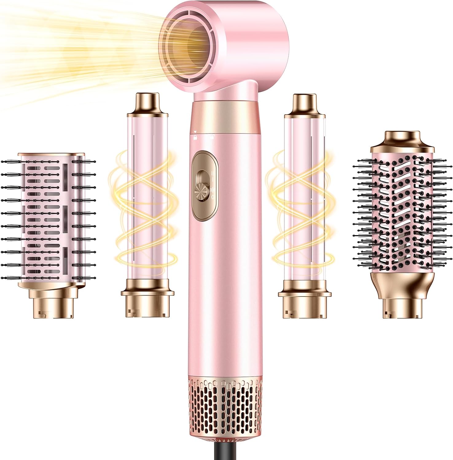 5 in 1 Blow Dryer Brush Set, Upgrade Hair Dryer & Blow Dryer Brush & Air Curling Wrap & Paddle Brush, Detachable Hot Air Styling Tools, High Speed Travel Hair Volumizer Straightener Curler Pink
