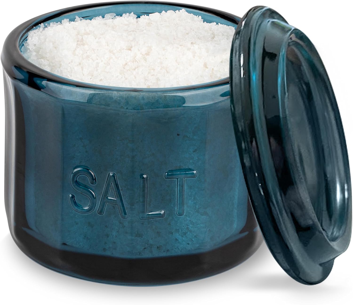 KooK Glass Salt Cellar, with Lid, Embossed Pressed Glass, Clear Storage Container, for Coffee, Sugar, Spices and Candies, Hand Wash Only, 10 oz, (Navy Blue)
