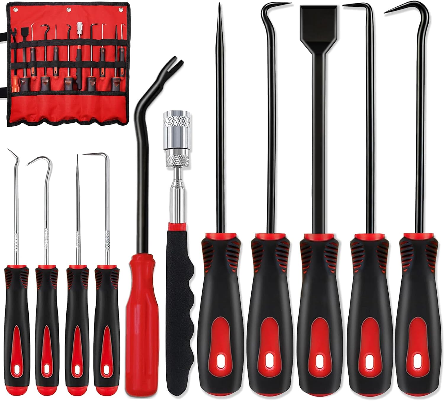 KEZE 11Pcs Carbon Steel Precision Pick & Hook Set with Scraper and Magnetic Telescoping Tool Kit for Remove Automotive Electronics Maintenance Hoses Gasket Hand Pick Up Tools