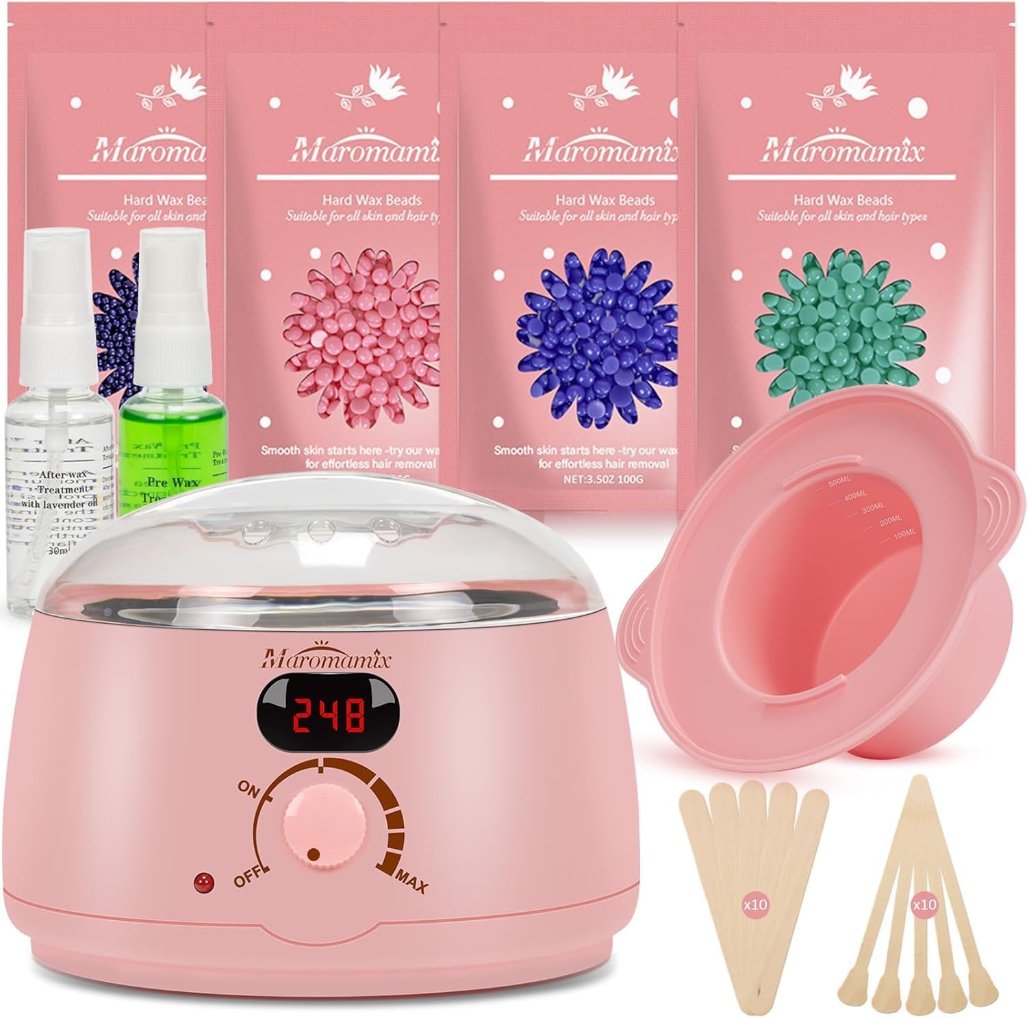 Waxing Kit -Digital Warmer Machine for Hair Removal with 4 Packs of Hard Beads & Silicone Wax Pot for Full Body, Legs, Face, Eyebrows, Bikini, Brazilian at Home Waxing Kit for Women Men