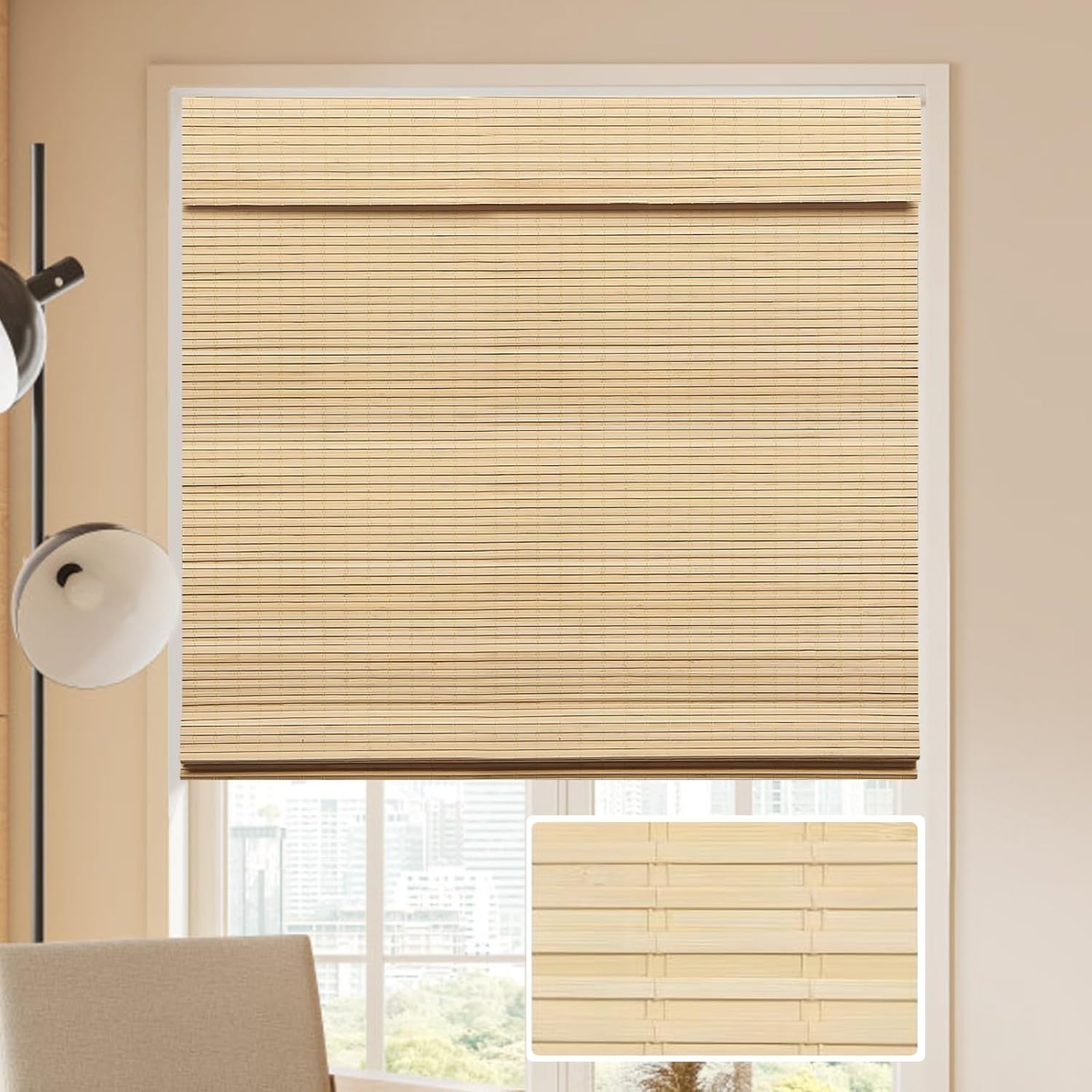 LUCKUP Cordless Bamboo Roman Blinds Shades for Indoor Windows-Blackout Room Darkening Roman Blinds with 6" Valance Cover Enhanced Privacy, 36" W x 64" H
