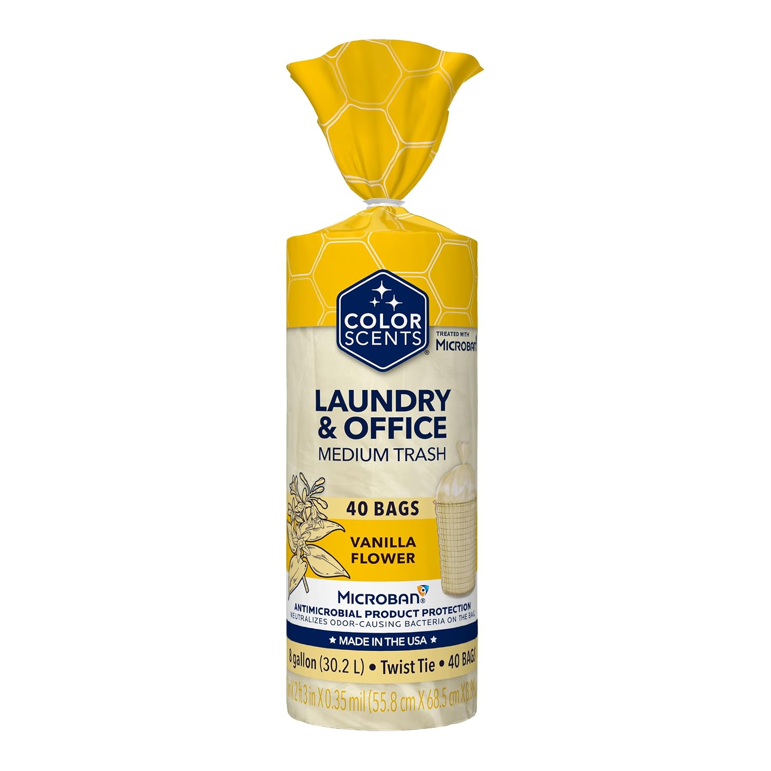 Color Scents Medium Trash Bags - 8 Gallon, 40 Bags (1 Pack of 40 Count), Twist Tie - Ivory Bag in Vanilla Flower Scent with Microban
